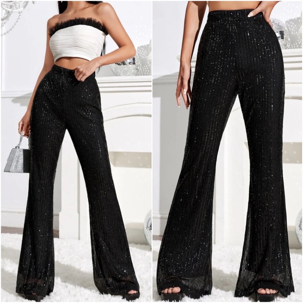 Luxe Sequin Stretchy waist Flare Wide leg Pants - Picture 3 of 4